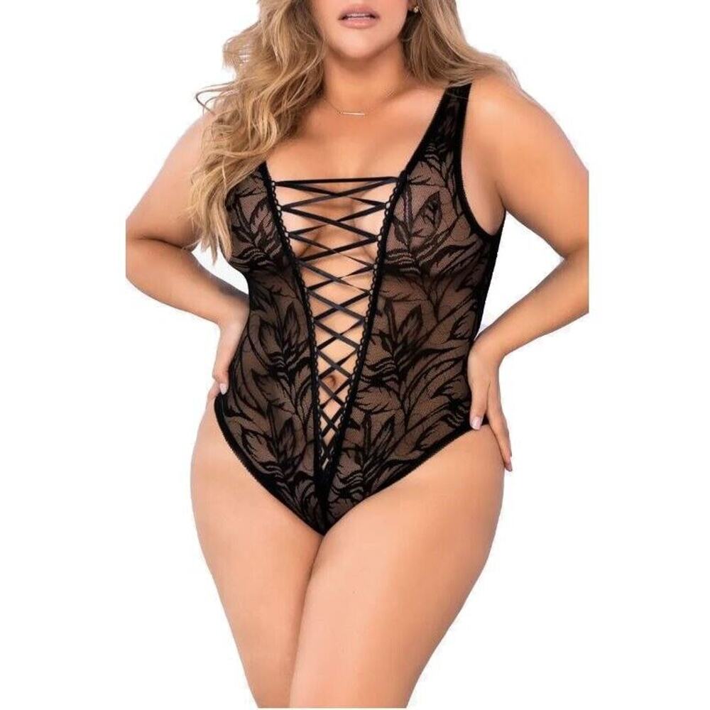 Mapale Women Black Floral Mesh Strappy Open Back Lace-Up Bodysuit Plus Size 1X